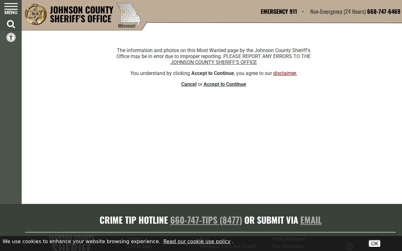Johnson County Sheriff Most Wanted disclaimer gate
